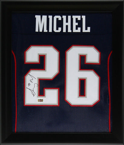 Sony Michel Signed New England 27x23 Framed Custom Navy Jersey