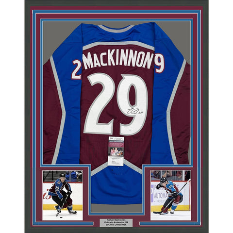 Framed Autographed/Signed Nathan MacKinnon 35x39 Colorado Maroon Jersey JSA COA