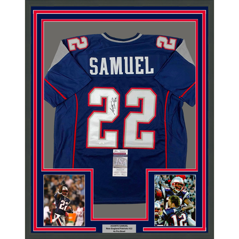 Framed Autographed/Signed Asante Samuel Sr. 33x42 Blue Jersey JSA COA