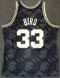 CELTICS LARRY BIRD AUTOGRAPHED BLACK M&N GOLD TOILE JERSEY XL BECKETT 177716