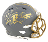 Ravens Ray Lewis Signed Slate Speed Mini Helmet W/ Case w/ Gold Sig BAS Witness