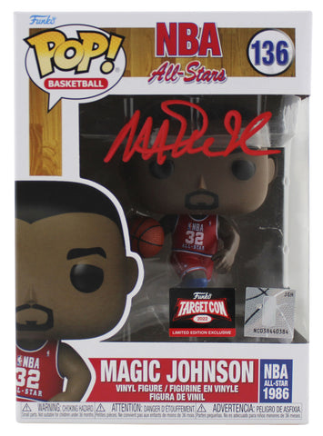 Magic Johnson Signed All Stars #136 Funko Pop Vinyl Figure w/ Red Sig BAS Wit