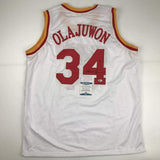 Autographed/Signed Hakeem Olajuwon Houston White Basketball Jersey BAS COA