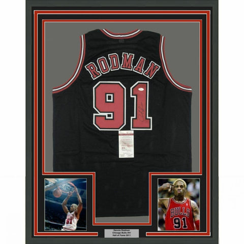 FRAMED Autographed/Signed DENNIS RODMAN 33x42 Chicago Black Jersey JSA COA Auto