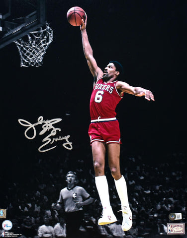 Julius Erving Autographed 76ers 16x20 FP B&W Spotlight Dunk - Beckett W Hologram