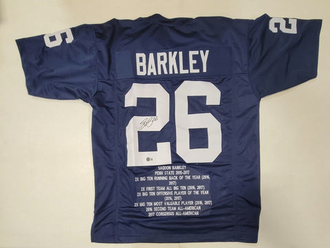 SAQUON BARKLEY SIGNED AUTOGRAPHED CUSTOM XL COLLEGE STYLE STAT JERSEY BECKETT QR