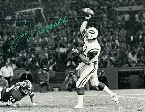 Joe Namath Autographed New York Jets Signed Football 16x20 Photo Beckett Damaged