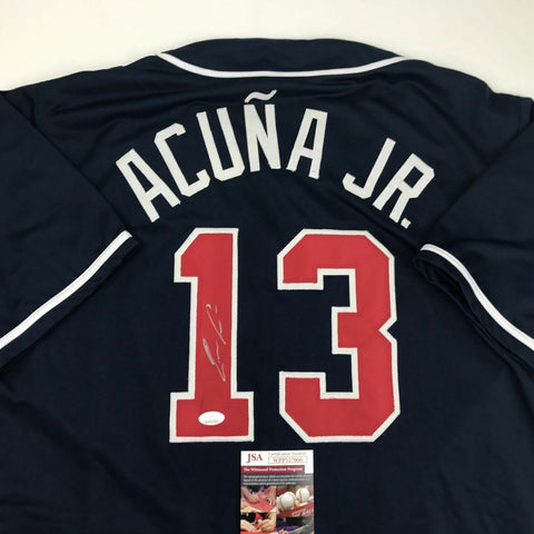 Autographed/Signed RONALD ACUNA JR. Atlanta Blue Baseball Jersey JSA COA Auto