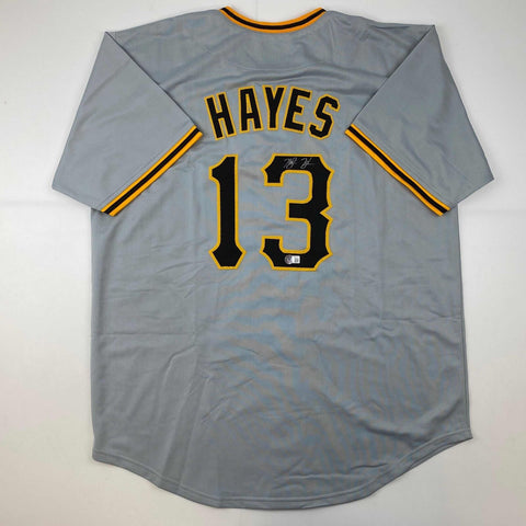 Autographed/Signed Ke'Bryan Hayes Pittsburgh Grey Baseball Jersey Beckett COA