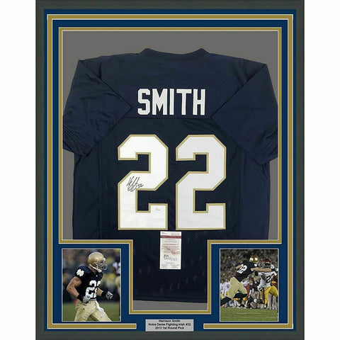 FRAMED Autographed/Signed HARRISON SMITH 33x42 Notre Dame Blue Jersey JSA COA