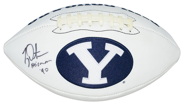 TY DETMER AUTOGRAPHED BYU COUGARS WHITE LOGO FOOTBALL W/ HEISMAN 90