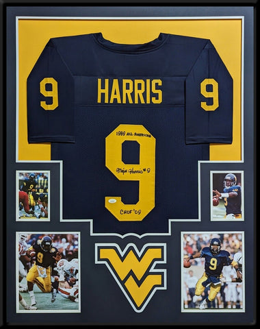 FRAMED WEST VIRGINIA MOUNTAINEERS MAJOR HARRIS AUTOGRAPHED INSCRIBED JERSEY JSA