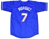 IVAN PUDGE RODRIGUEZ AUTOGRAPHED TEXAS RANGERS #7 BLUE JERSEY W/ HOF 17