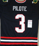 Pierre Pilote Signed Blackhawks Black Jersey "H.O.F. 75" (JSA) Passed Away 2017