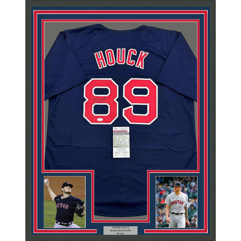 Framed Autographed/Signed Tanner Houck 35x39 Boston Blue Baseball Jersey JSA COA