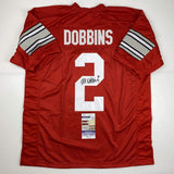 Autographed/Signed JK J.K. DOBBINS Ohio State Red College Jersey JSA COA Auto