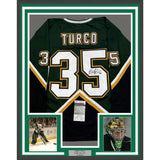 Framed Autographed/Signed Marty Turco 35x39 Dallas Green Hockey Jersey JSA COA