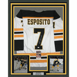 FRAMED Autographed/Signed PHIL ESPOSITO 33x42 Boston White Jersey JSA COA Auto