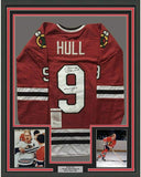 Framed Autographed/Signed Bobby Hull HOF 1983 33x42 Chicago Red Jersey JSA COA