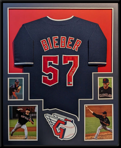 FRAMED CLEVELAND GUARDIANS SHANE BIEBER AUTOGRAPHED SIGNED JERSEY BECKETT HOLO