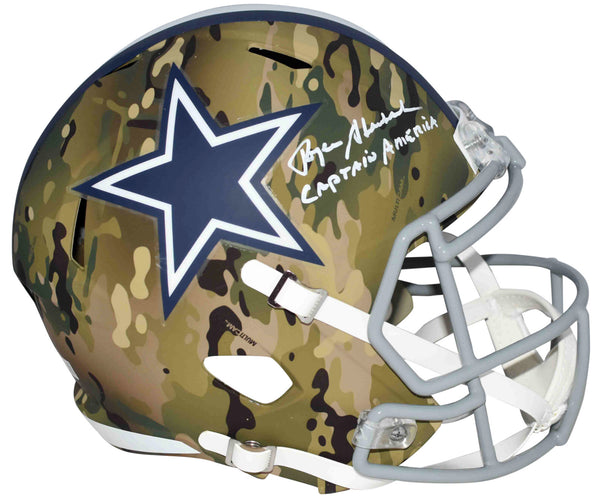 ROGER STAUBACH SIGNED DALLAS COWBOYS CAMO FULL SIZE HELMET W/ CAPTAIN AMERICA