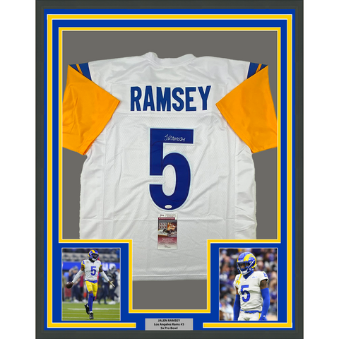 Framed Autographed/Signed Jalen Ramsey 33x42 Los Angeles LA White Jersey JSA COA