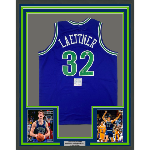 Framed Autographed/Signed Christian Laettner 33x42 Minnesota Blue Jersey PSA COA