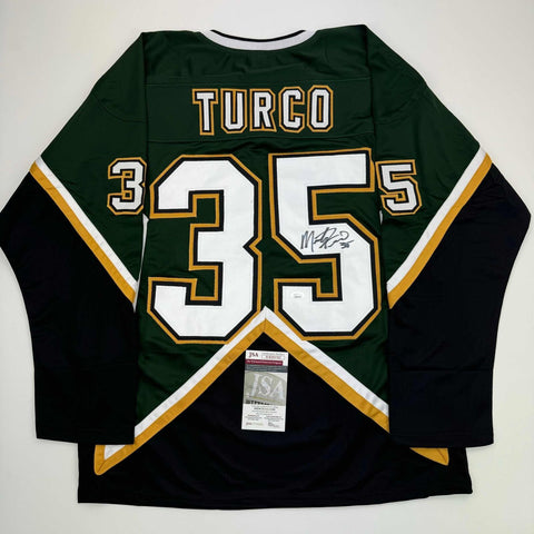 Autographed/Signed Marty Turco Dallas Green Hockey Jersey JSA COA