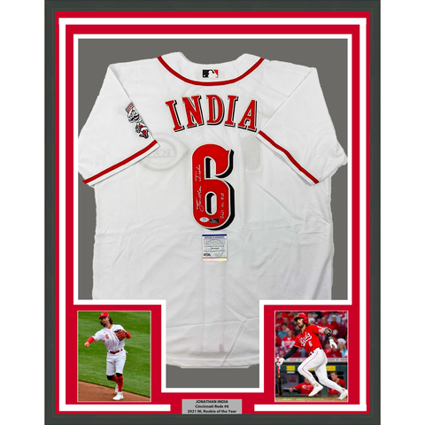 Framed Autographed/Signed Jonathan India 33x42 2021 NL ROY White Jersey JSA COA