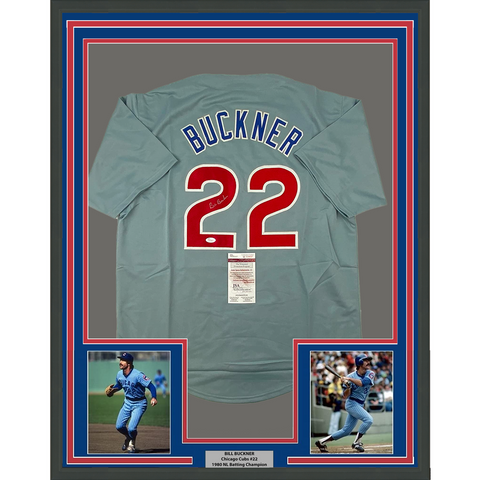 Framed Autographed/Signed Bill Buckner 33x42 Chicago Grey Jersey JSA COA