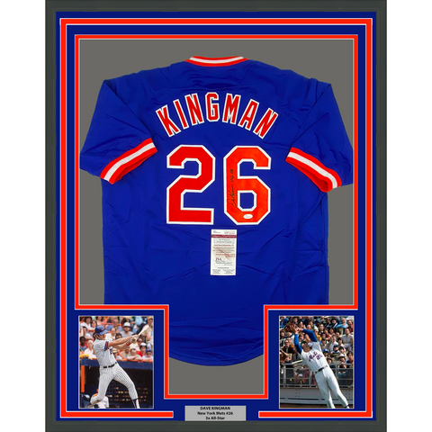 Framed Autographed/Signed Dave Kingman 33x42 442 HR New York Blue Jersey JSA COA