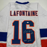 Autographed/Signed Pat Lafontaine HOF 03 New York White Hockey Jersey JSA COA