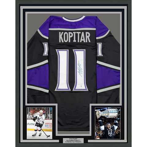 Framed Autographed/Signed Anze Kopitar 35x39 Los Angeles LA Black Jersey BAS COA