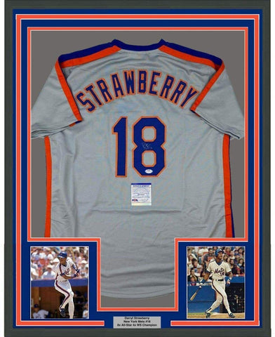 Framed Autographed/Signed Darryl Strawberry 35x39 New York Grey Jersey PSA COA