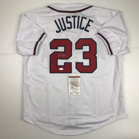 Autographed/Signed David Justice Atlanta White Baseball Jersey JSA COA