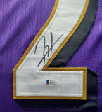 RAVENS RAY LEWIS AUTOGRAPHED SIGNED PURPLE CUSTOM FRAMED JERSEY BECKETT 185766