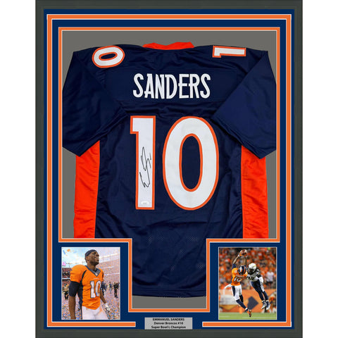 Framed Autographed/Signed Emmanuel Sanders 35x39 Denver Blue Jersey JSA COA