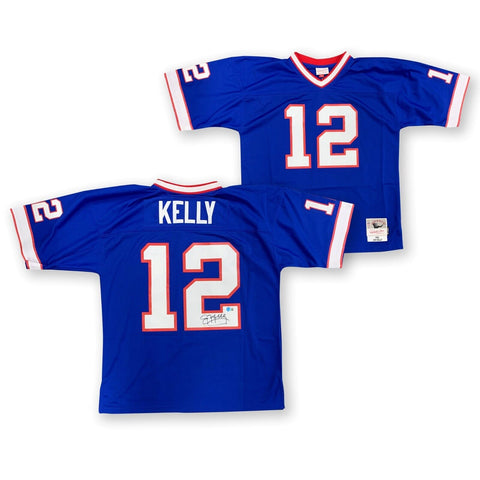 Jim Kelly Autographed Buffalo Bills Mitchell Ness Football Jersey Beckett STAIN