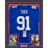 Framed Autographed/Signed Justin Tuck 35x39 New York Blue Jersey JSA COA