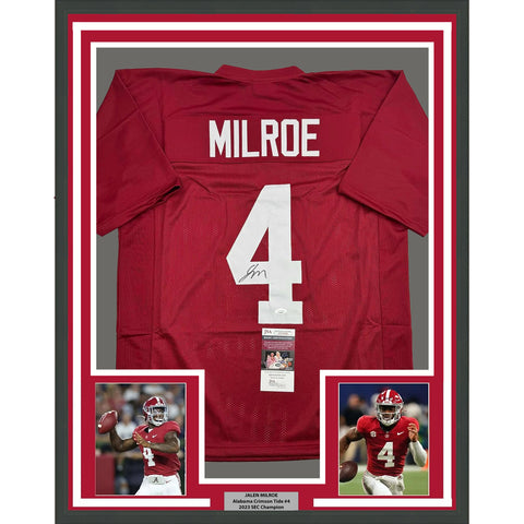 Framed Autographed/Signed Jalen Milroe 35x39 Alabama Red Football Jersey JSA COA