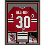 FRAMED Autographed/Signed ED BELFOUR 33x42 Chicago Red Hockey Jersey JSA COA