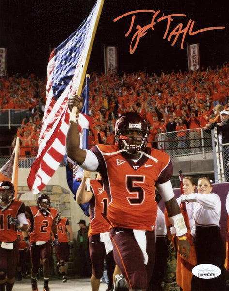 TYROD TAYLOR AUTOGRAPHED VIRGINIA TECH HOKIES USA FLAG 8x10 PHOTO JSA