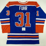 Autographed/Signed GRANT FUHR Edmonton Blue Hockey Jersey Beckett BAS COA Auto