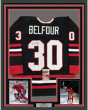 Framed Autographed/Signed Ed Belfour 35x39 Chicago Black Hockey Jersey JSA COA