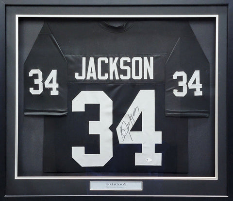 OAKLAND RAIDERS BO JACKSON AUTOGRAPHED FRAMED BLACK JERSEY BECKETT BAS 200915