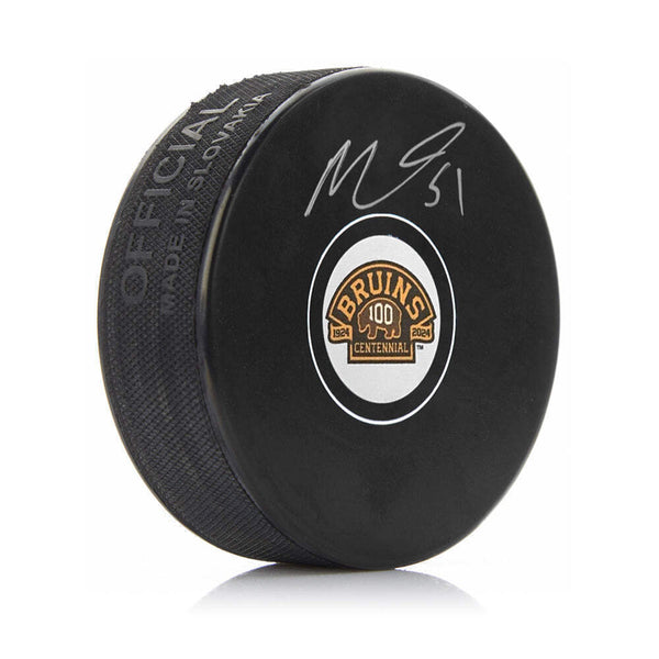 Matthew Poitras Autographed Boston Bruins 100th Anniversary Hockey Puck JSA PSA