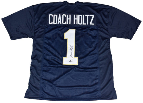 LOU HOLTZ SIGNED AUTOGRAPHED NOTRE DAME IRISH #1 NAVY JERSEY BECKETT