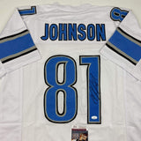 Autographed/Signed Calvin Johnson Detroit White Football Jersey JSA COA