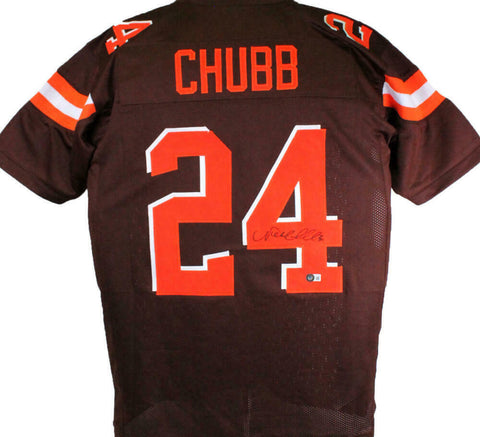 Nick Chubb Autographed Brown w/ Orange #'s Pro Style Jersey-Beckett W Hologram