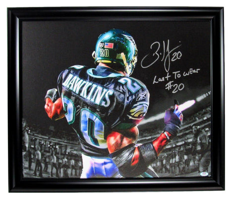 Brian Dawkins HOF Autographed/Inscr 27x23 Canvas Photo Eagles Framed PSA/DNA